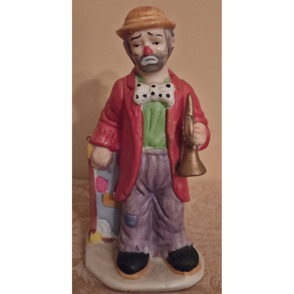 Vintage Flambro Porcelain Emmett Kelly Jr Clown/Trumpet Figurine 1984 5.5"